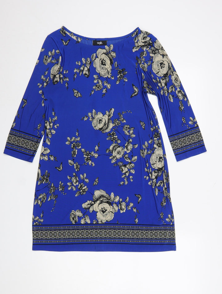Wallis Women Blue Floral Shift Dress Size 10 3/4 Sleeve