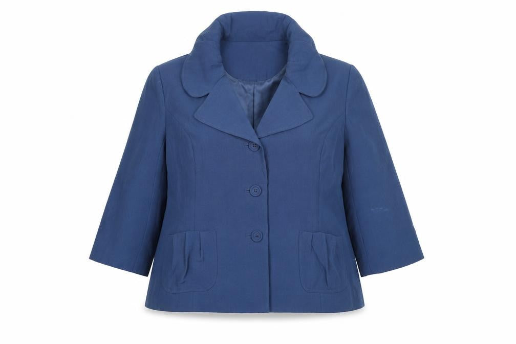 Front view of Whimsy women’s blue single breasted linen look suit jacket, size UK 22