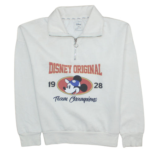 Disney Womens White XS 1/4 Zip Sweatshirt Mickey Mouse 1928 Team Champions