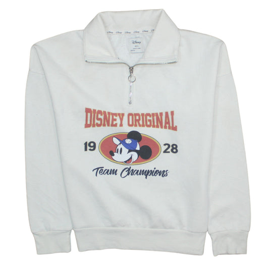 Disney Womens White XS 1/4 Zip Sweatshirt Mickey Mouse 1928 Team Champions
