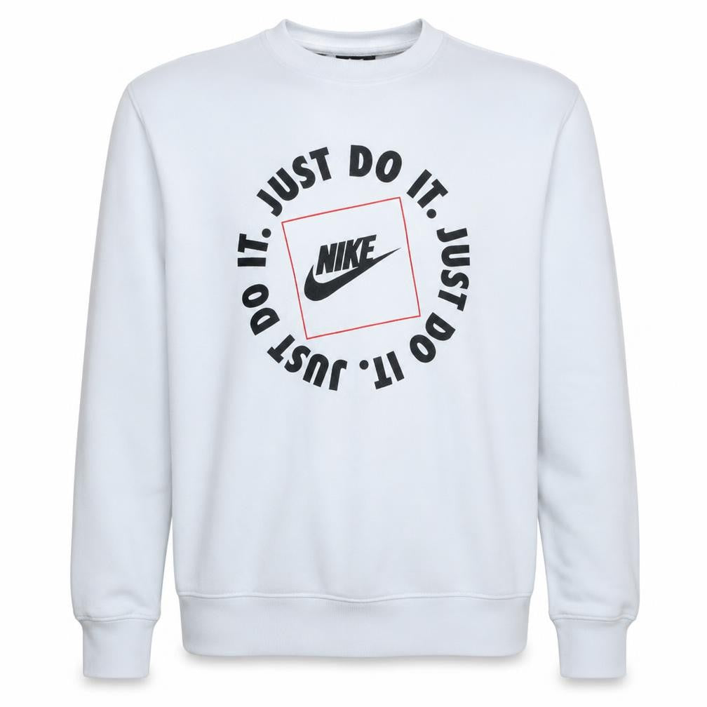 Front view of Nike Men’s White Just Do It Logo Pullover Sweatshirt L Regular Fit