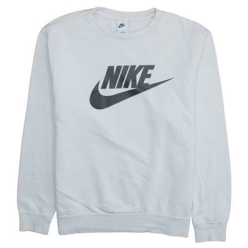 Nike Women White Crew Neck Pullover Sweatshirt L Logo Print Cotton Blend