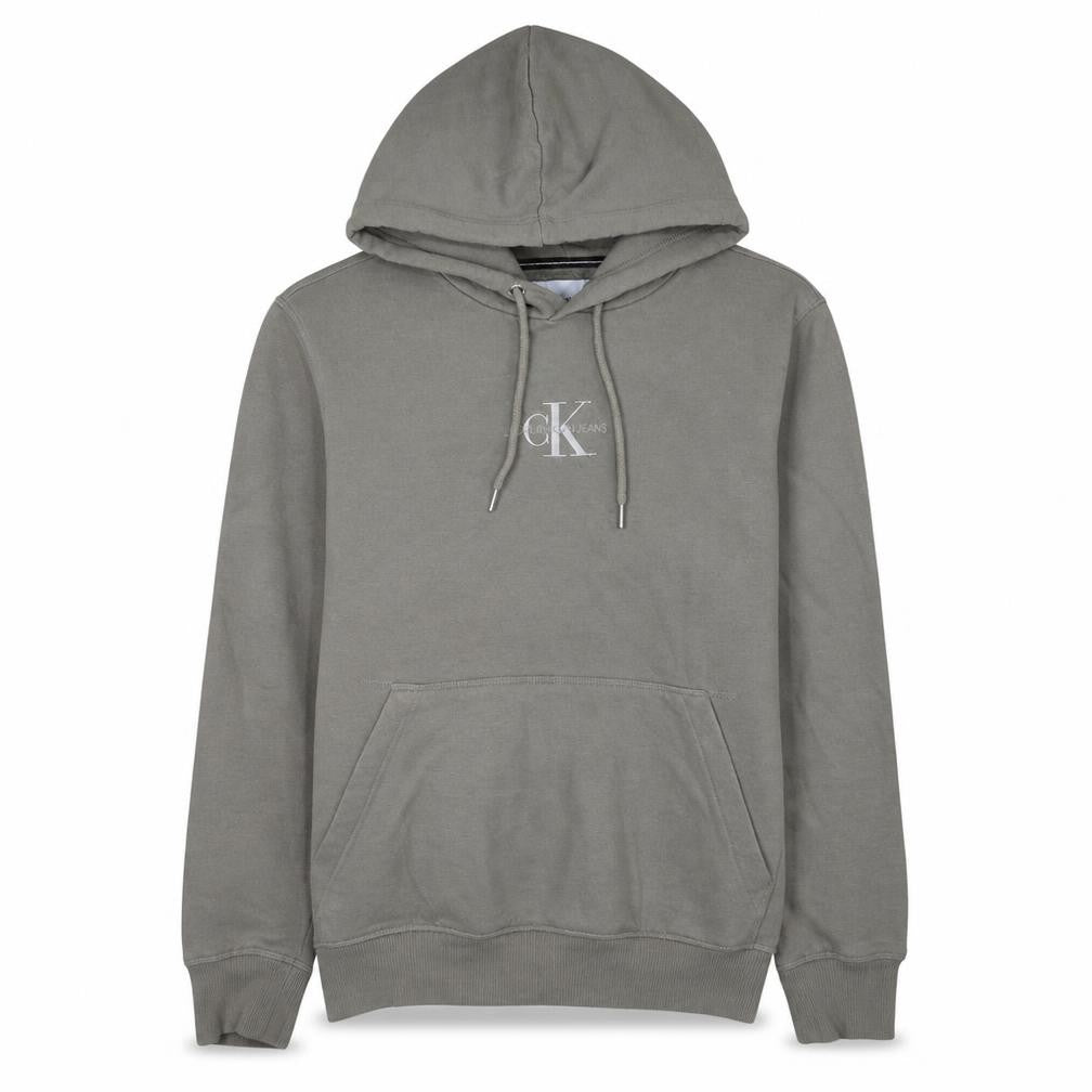 Front view of Calvin Klein Jeans Men's Grey Pullover Hoodie, size M, Logo Fleece