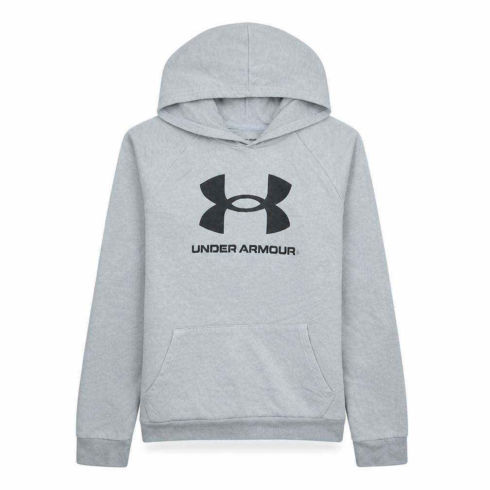 Front view of Under Armour boys’ grey coldgear hoodie vxl pullover fleece sweatshirt