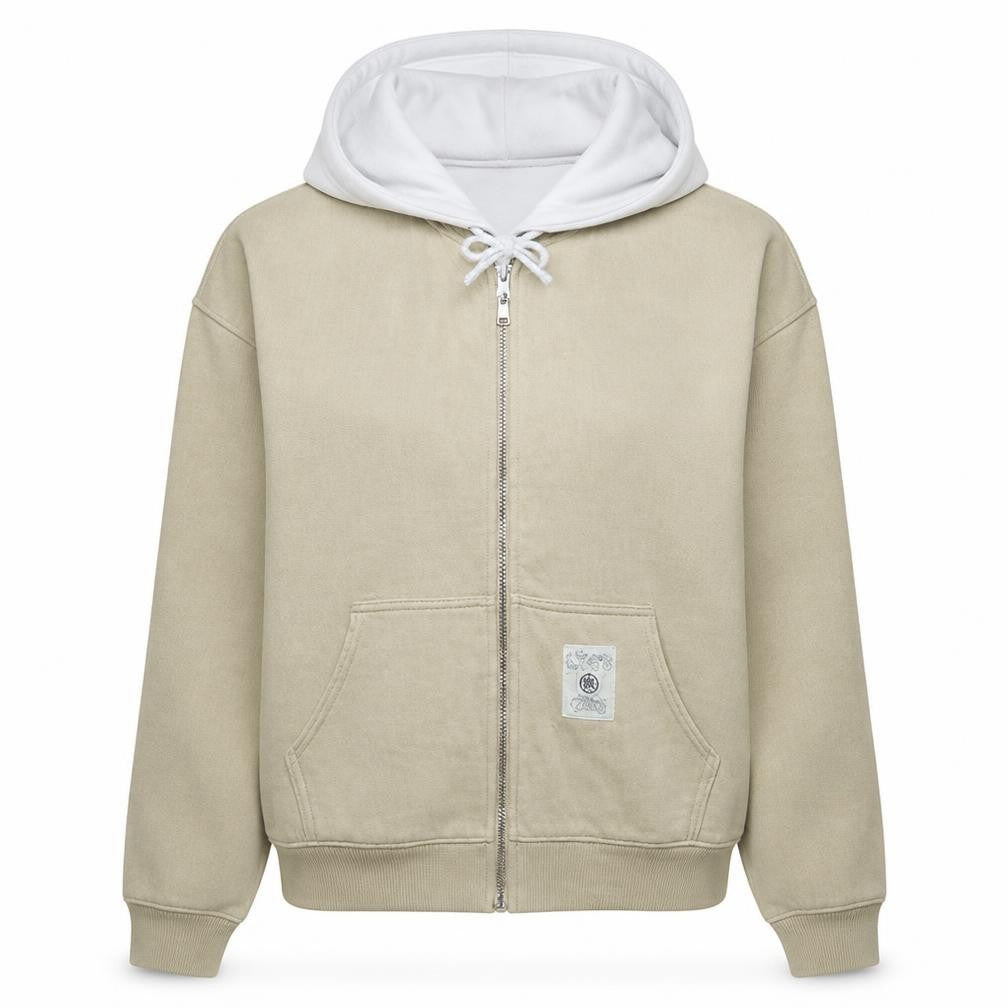 Front view of Levi's women’s beige & white full zip hoodie, size S