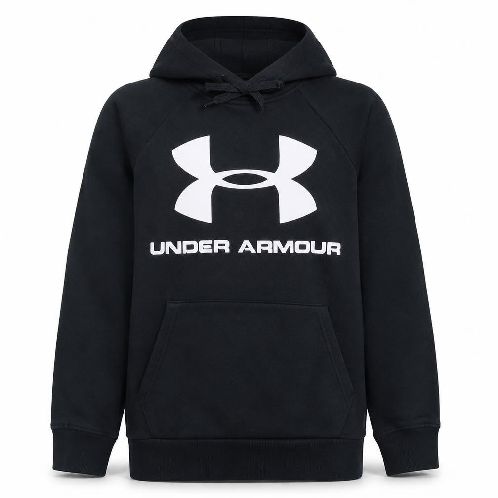 Front view of Under Armour Men’s Black Pullover Hoodie Medium Fleece Logo Sweatshirt