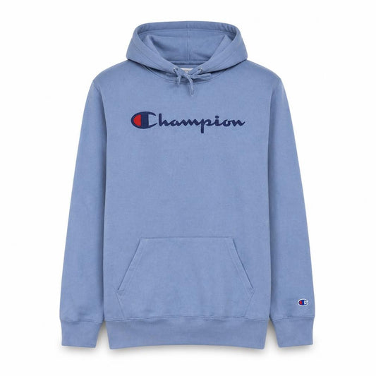 Front view of Champion Men Blue Pullover Hoodie M Regular Fleece Sportswear