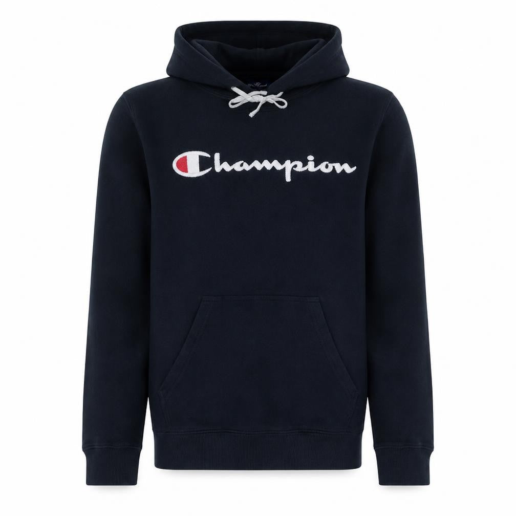 Front view of Champion Men's Navy Blue Small Pullover Hoodie with Logo Print