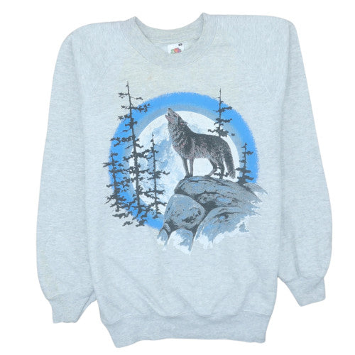 Fruit of the Loom Mens Grey Wolf Graphic Sweatshirt Size S Vintage