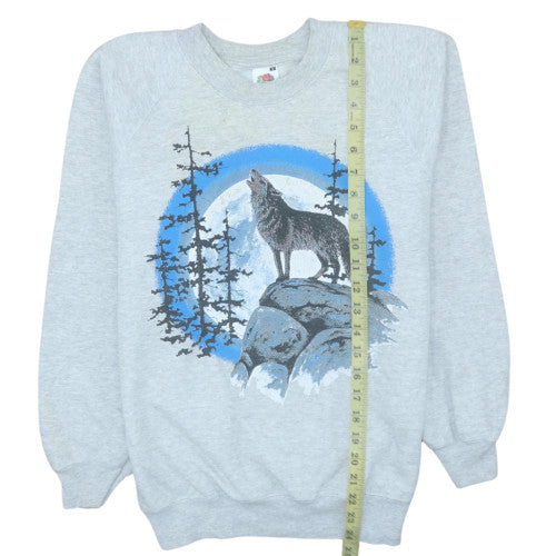 Fruit of the Loom Mens Grey Wolf Graphic Sweatshirt Size S Vintage
