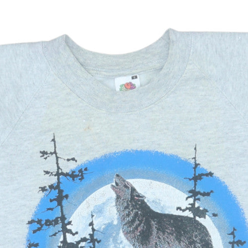 Fruit of the Loom Mens Grey Wolf Graphic Sweatshirt Size S Vintage