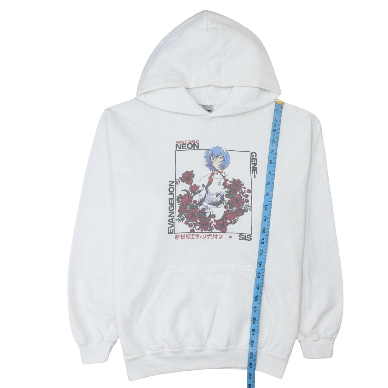 Gildan Men's White Neon Genesis Evangelion Anime Hoodie Medium