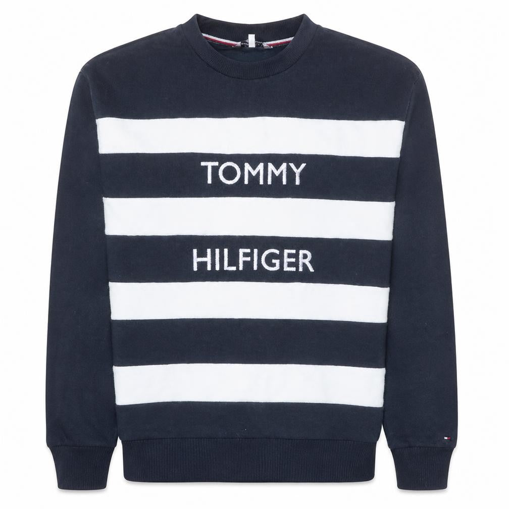 Front view of Tommy Hilfiger Men's Blue Striped Logo Crew Neck Sweatshirt, size S