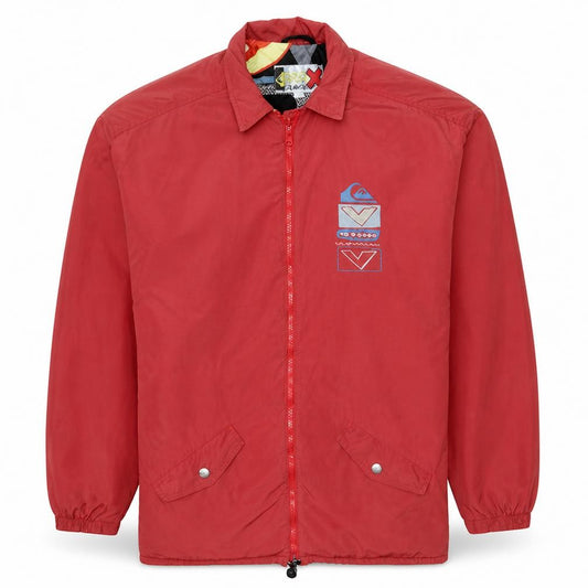 Front view of Quiksilver Men’s Red Bomber Jacket L Retro 90s Full Zip Cotton Blend