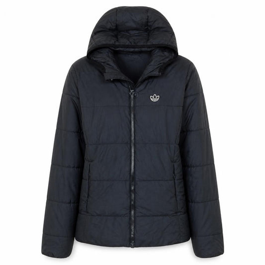 Front view of Adidas Women's Black Hooded Puffer Jacket, size 10