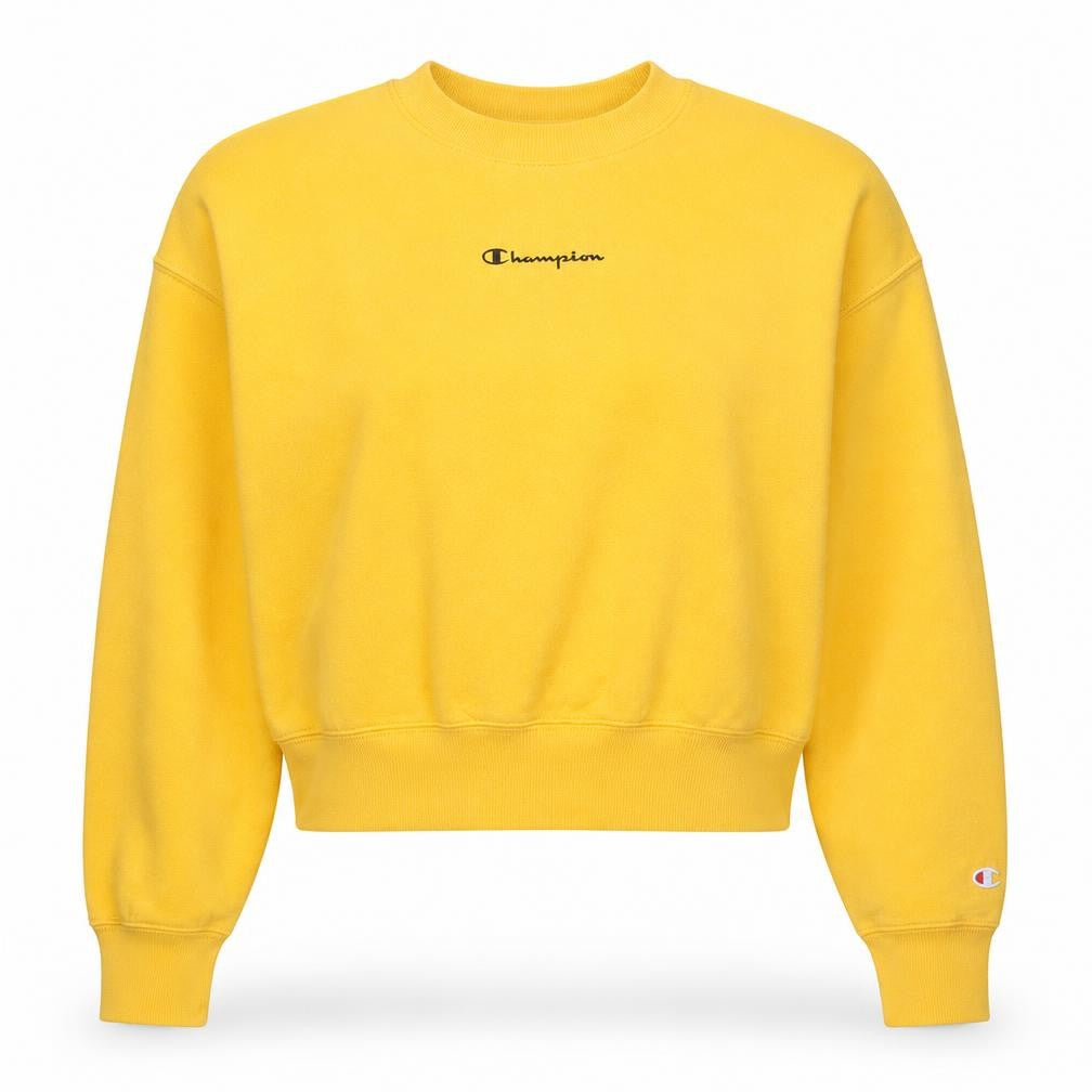 Front view of Champion women’s yellow small pullover crew neck sweatshirt