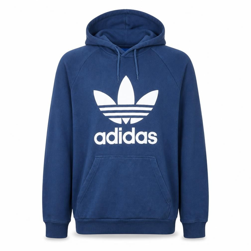 Front view of adidas Men Blue Pullover Hoodie L Graphic Logo Fleece Sweatshirt