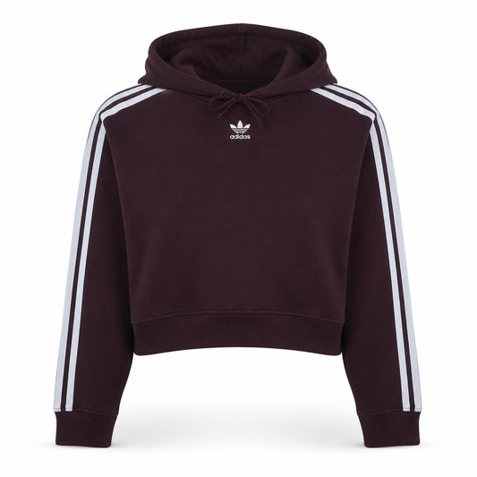 Front view of Adidas women’s burgundy cropped hoodie, size UK 8, cotton blend