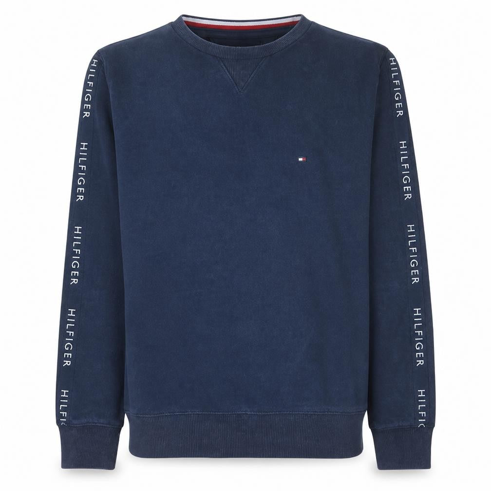Front view of Tommy Hilfiger Men's Blue Logo Sleeve Pullover Sweatshirt, size L