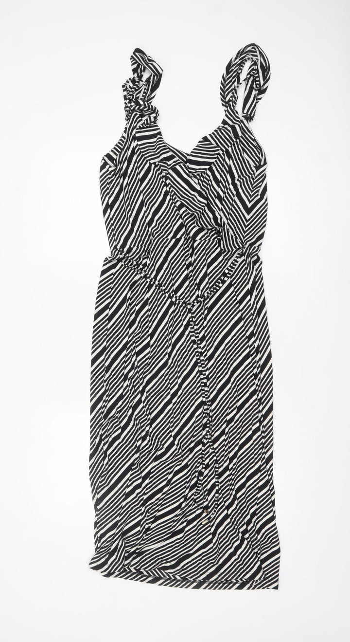 Oasis Women Black Striped Sleeveless Viscose A-Line Midi Dress L