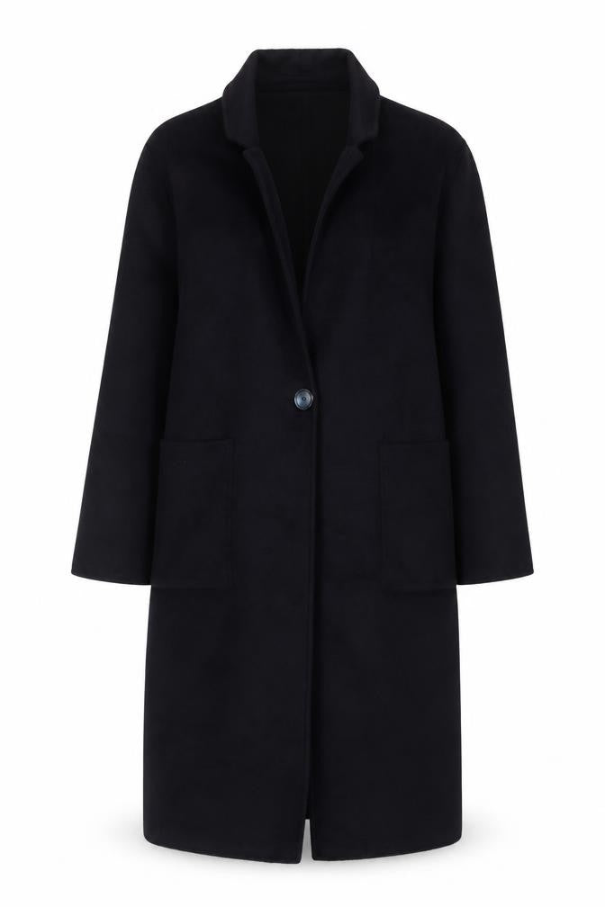 Front view of KLEY Women's Black Long Wool Blend Overcoat, size L