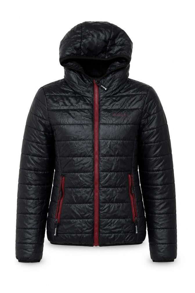 Front view of Bench women’s black hooded puffer jacket, size UK 8, xs