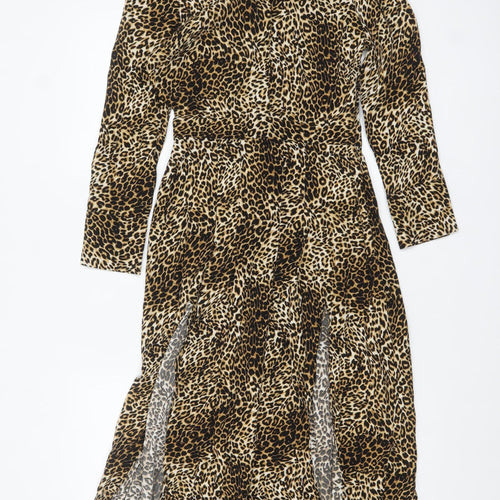 Topshop Petite Leopard Print Midi Shirt Dress Brown UK 4