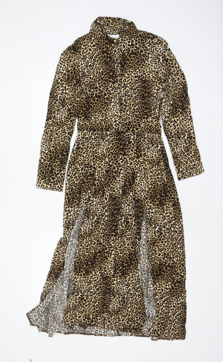 Topshop Petite Leopard Print Midi Shirt Dress Brown UK 4