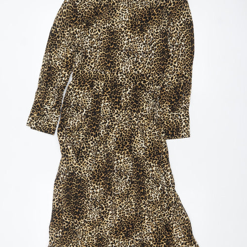 Topshop Petite Leopard Print Midi Shirt Dress Brown UK 4