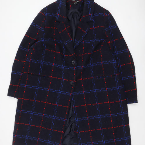 Bonmarché Women Navy Blue Red Check Wool Blend Coat Size 22