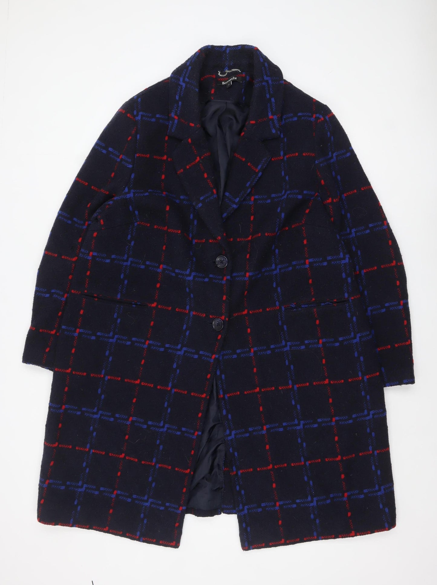 Bonmarché Women Navy Blue Red Check Wool Blend Coat Size 22