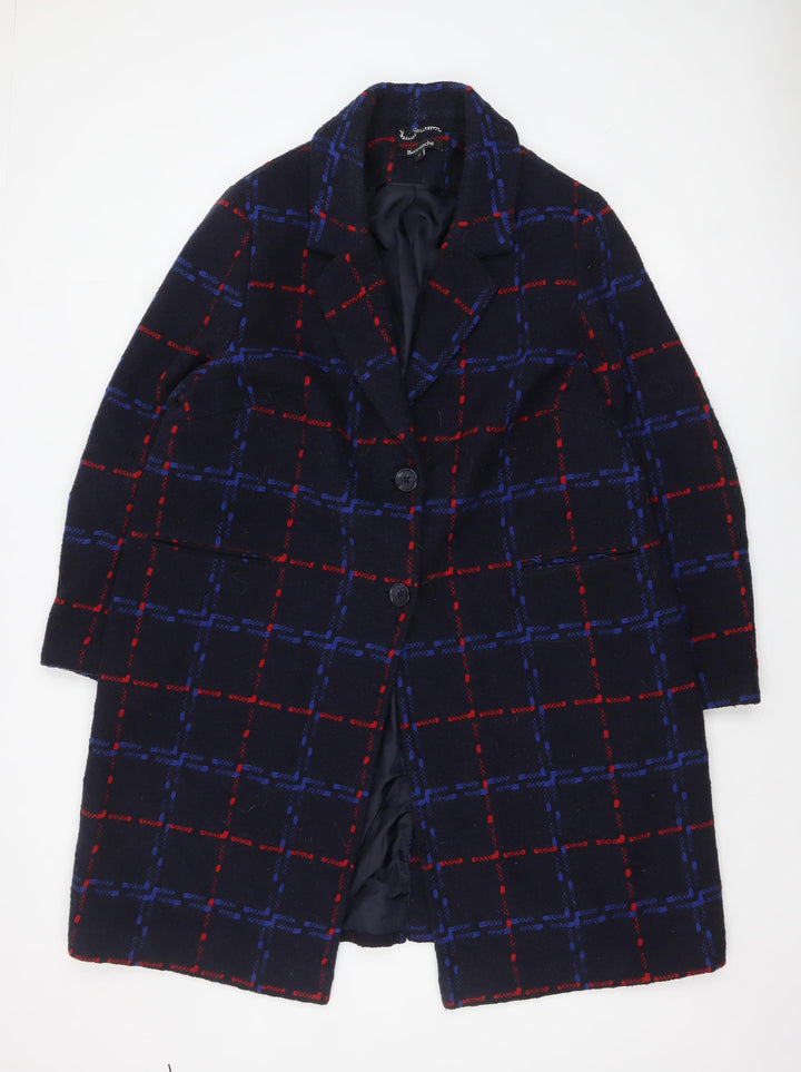 Bonmarché Women Navy Blue Red Check Wool Blend Coat Size 22