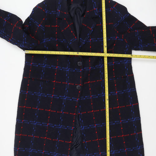 Bonmarché Women Navy Blue Red Check Wool Blend Coat Size 22