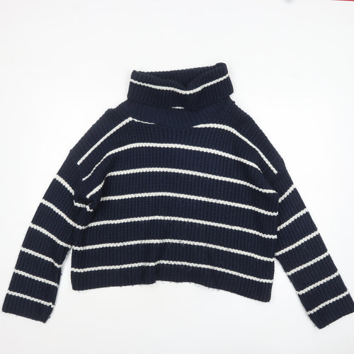 Glamorous Womens Blue Striped Roll Neck Knit Jumper UK 10