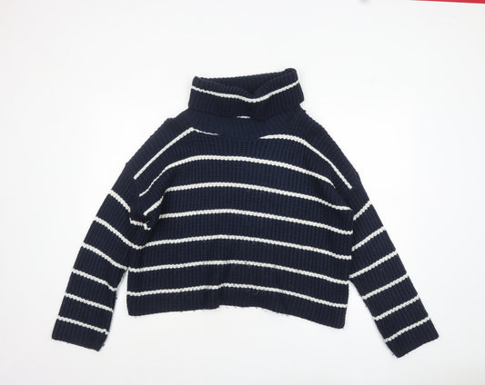 Glamorous Womens Blue Striped Roll Neck Knit Jumper UK 10