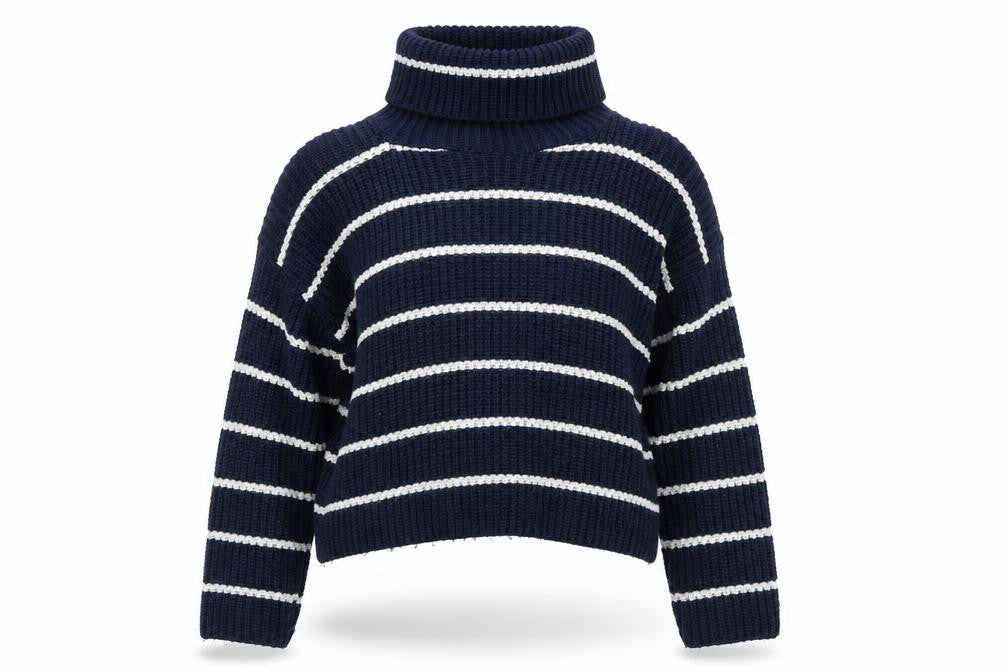 Front view of Glamorous women’s blue striped roll neck knit jumper uk 10