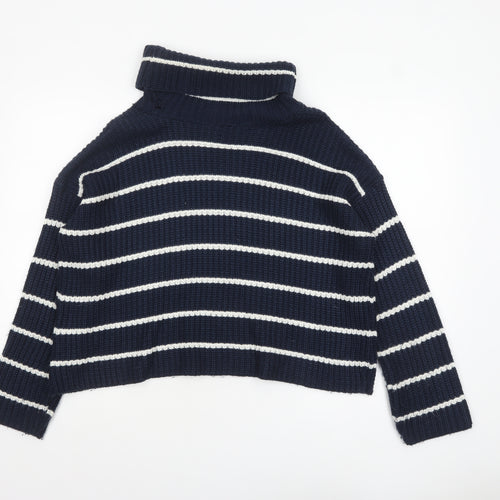 Glamorous Womens Blue Striped Roll Neck Knit Jumper UK 10