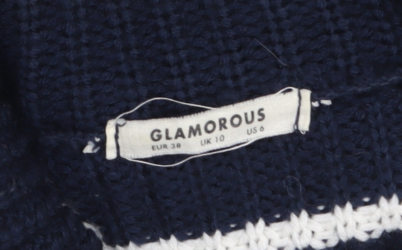 Glamorous Womens Blue Striped Roll Neck Knit Jumper UK 10