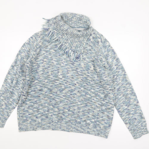 EWM Women’s Blue Chunky Knit Roll Neck Fringed Pullover Jumper L 18-20