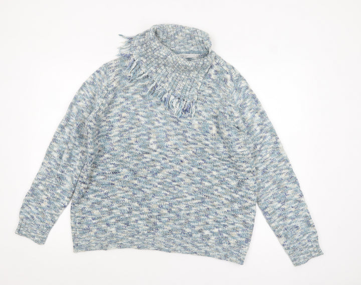 EWM Women’s Blue Chunky Knit Roll Neck Fringed Pullover Jumper L 18-20