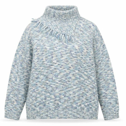 EWM Women’s Blue Chunky Knit Roll Neck Fringed Pullover Jumper L 18-20