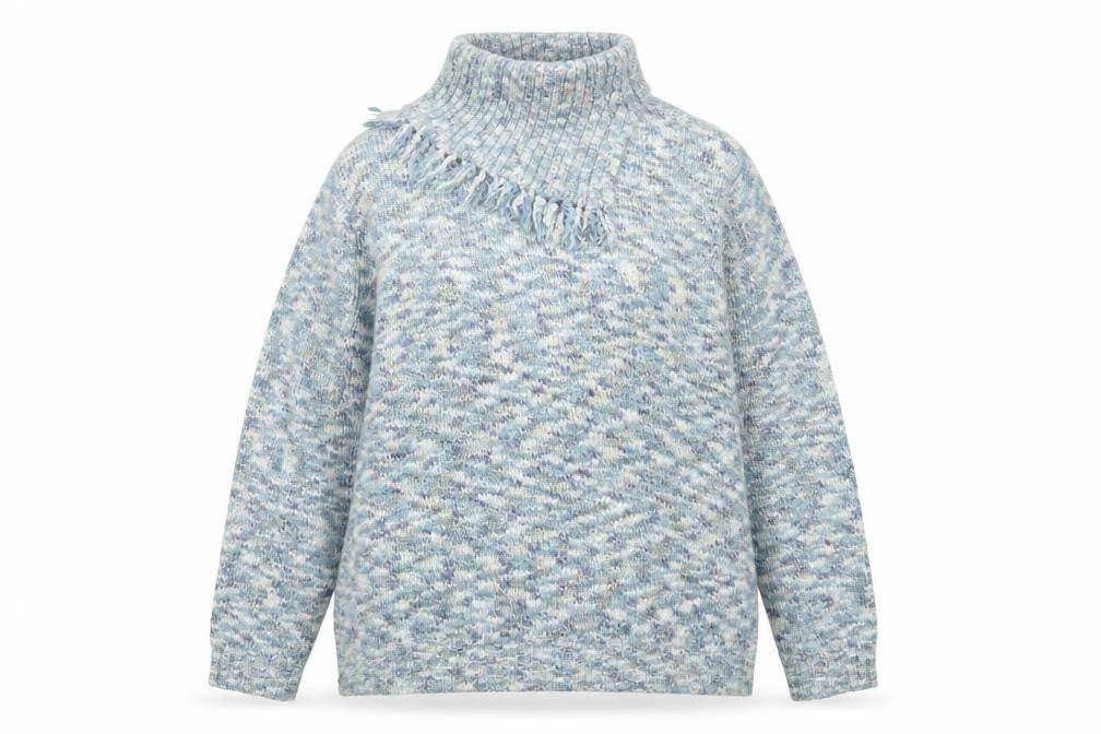 EWM Women’s Blue Chunky Knit Roll Neck Fringed Pullover Jumper L 18-20