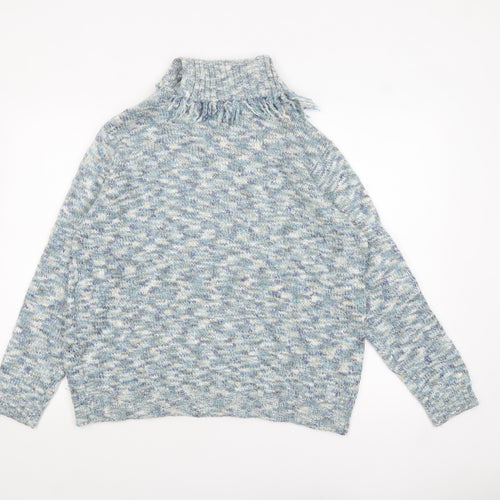 EWM Women’s Blue Chunky Knit Roll Neck Fringed Pullover Jumper L 18-20