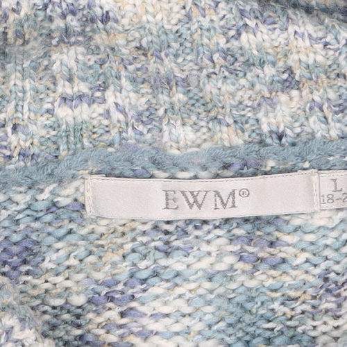 EWM Women’s Blue Chunky Knit Roll Neck Fringed Pullover Jumper L 18-20