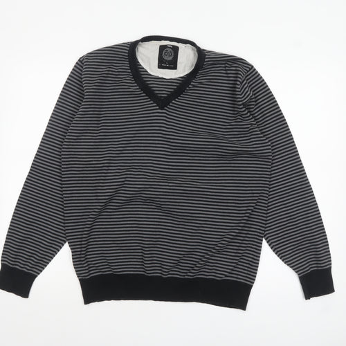 Next Mens Grey Striped V-Neck Cotton Jumper Size L