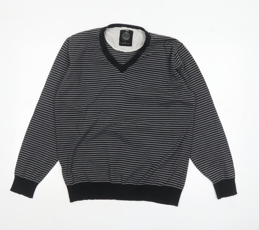 Next Mens Grey Striped V-Neck Cotton Jumper Size L