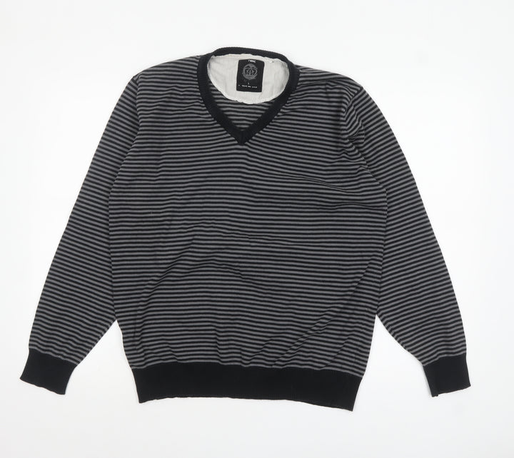 Next Mens Grey Striped V-Neck Cotton Jumper Size L