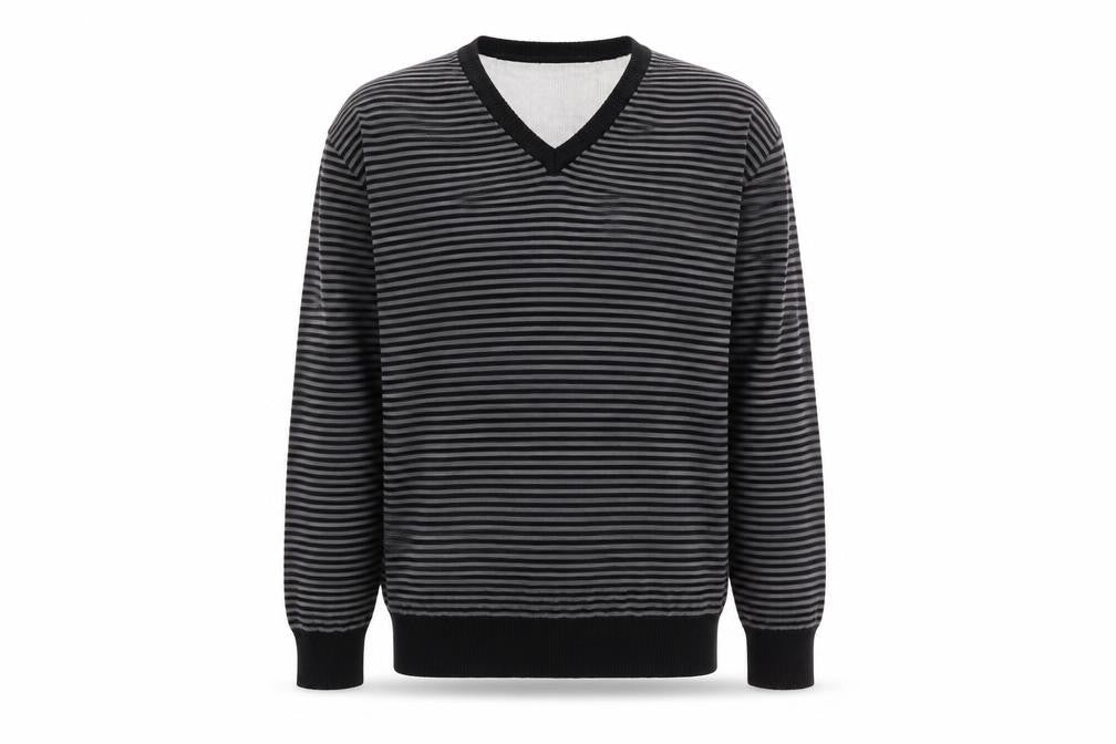 Front view of Next men’s grey striped v-neck cotton jumper, size L