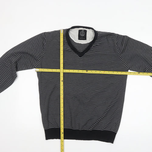 Next Mens Grey Striped V-Neck Cotton Jumper Size L