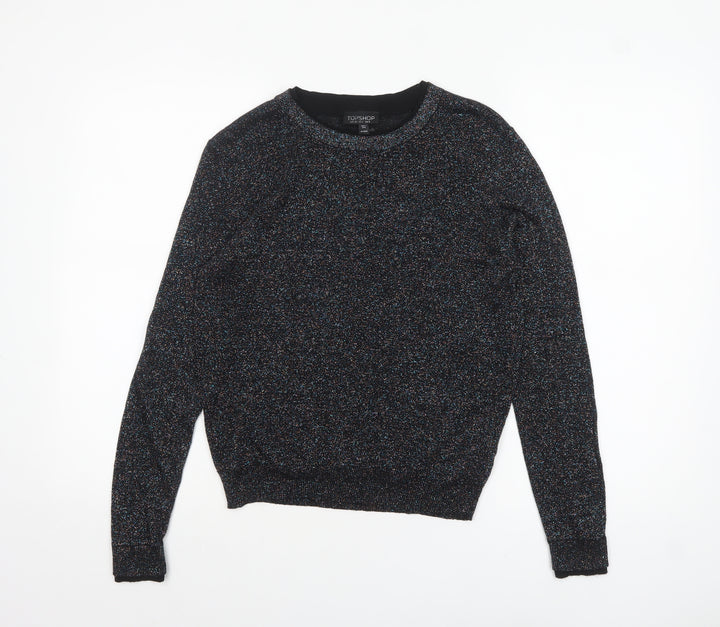 Topshop Women's Black Glitter Knit Crew Neck Jumper Size 8